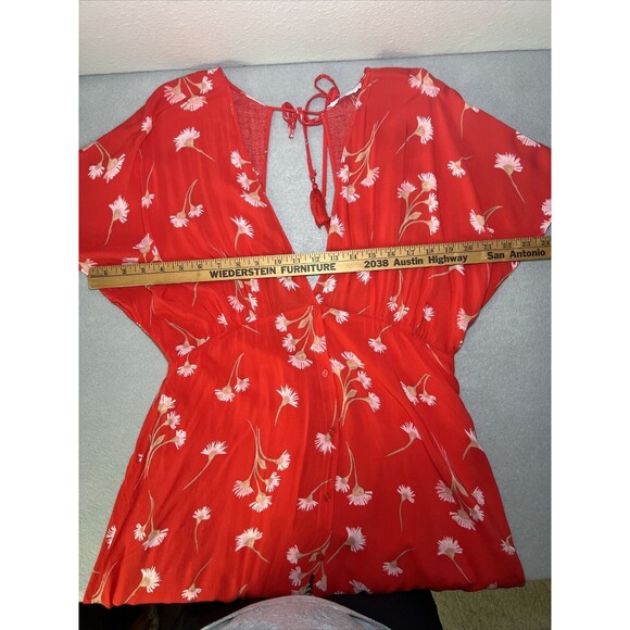 Lush Kimono Deep V Mini Dress Size Large Red Floral Double Button Front Tie Back - Picture 9 of 14